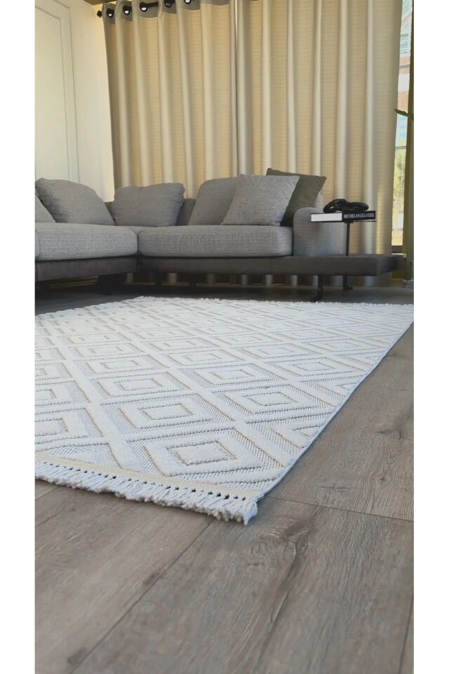 İskandinav Dokuma Bukleli Modern Geometrik Salon Halısı Mutfak Halısı Krem - 200 x 290