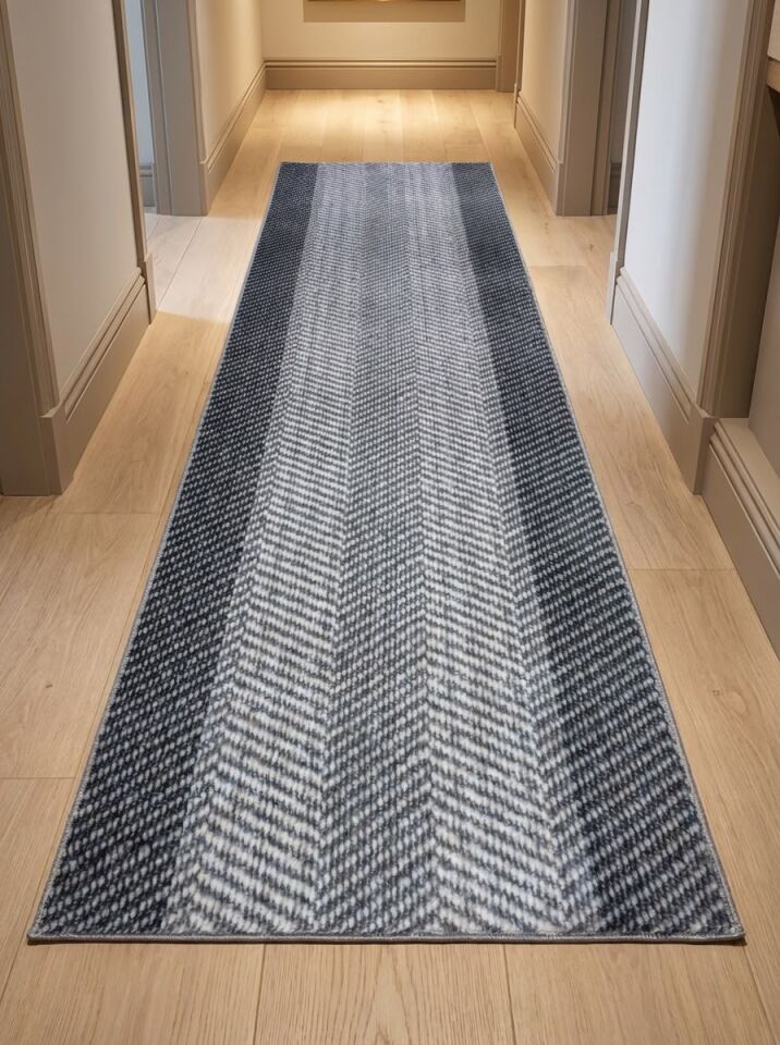 Gri Bordürlü Geometrik Kalın Kaymaz Taban Kesme Yolluk Salon Oturma Odası Mutfak Halı 80 x 650 - GRİ