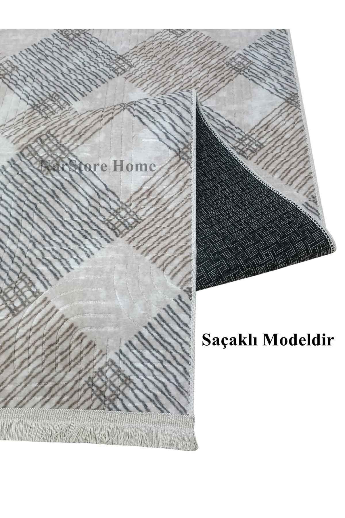 Krem Kahverengi Saçaklı Modern Kaymaz Taban Yıkanabilir Kesme Yolluk Halı 150 x 550 - KAHVERENGİ