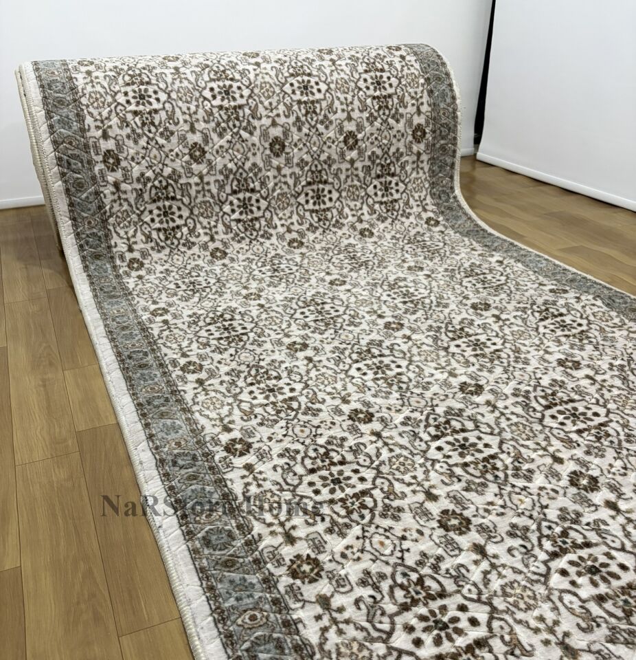 Merinos Çiçekli Otantik  Krem Kahve Yeşil Kalın Kaymaz Taban Kesme Yolluk Halı 100 x 650 - Yeşil-Krem