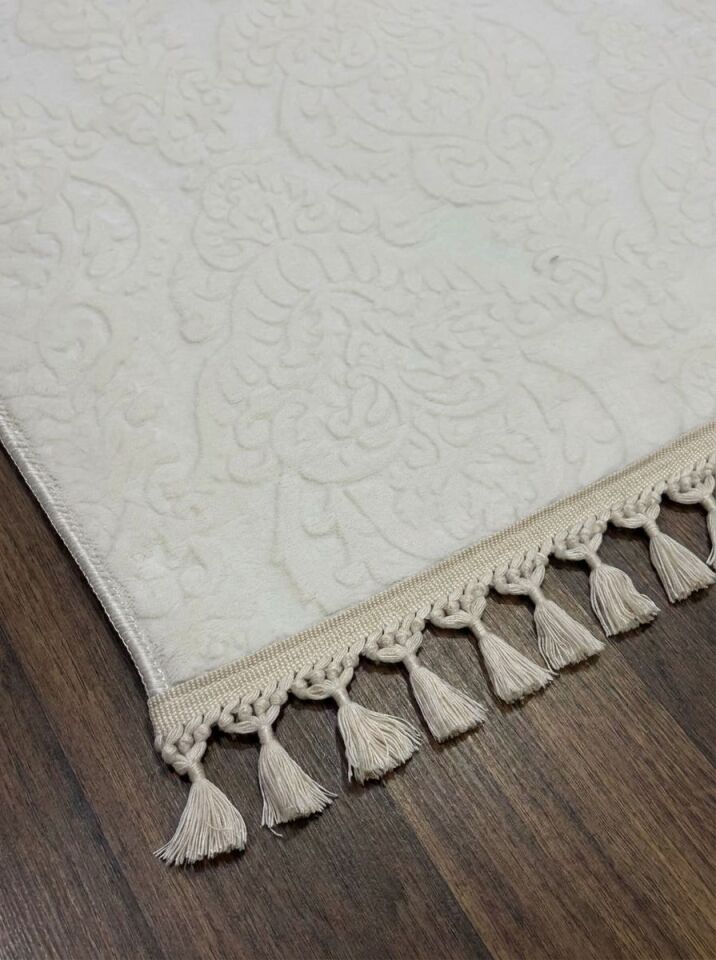 Krem Kaymaz Taban Pon Pon Saçaklı Yıkanabilir Salon Halısı Mutfak Halısı Yolluk 100 x 700 - Krem