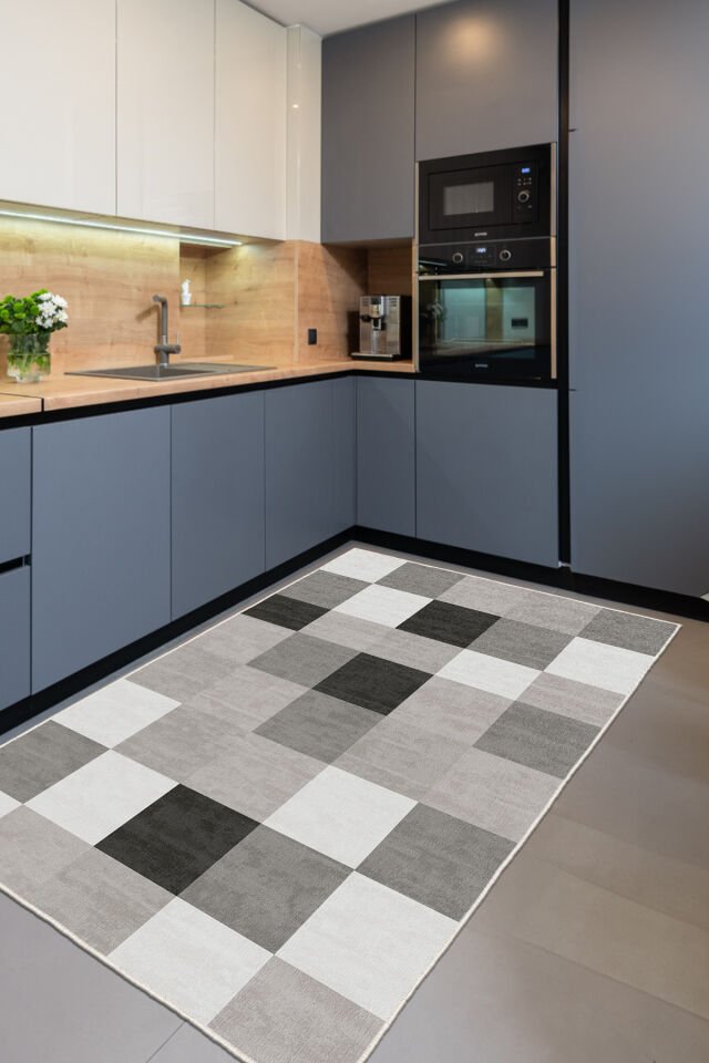 Dekoratif Yıkanabilir,İnce, Kaymaz Tabanlı, Modern Salon Halısı, Mutfak Halısı, Yolluk WOOKECE1530 160 x 230 - GRİ