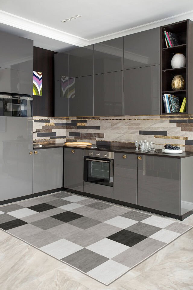 Dekoratif Yıkanabilir,İnce, Kaymaz Tabanlı, Modern Salon Halısı, Mutfak Halısı, Yolluk WOOKECE1530 160 x 230 - GRİ