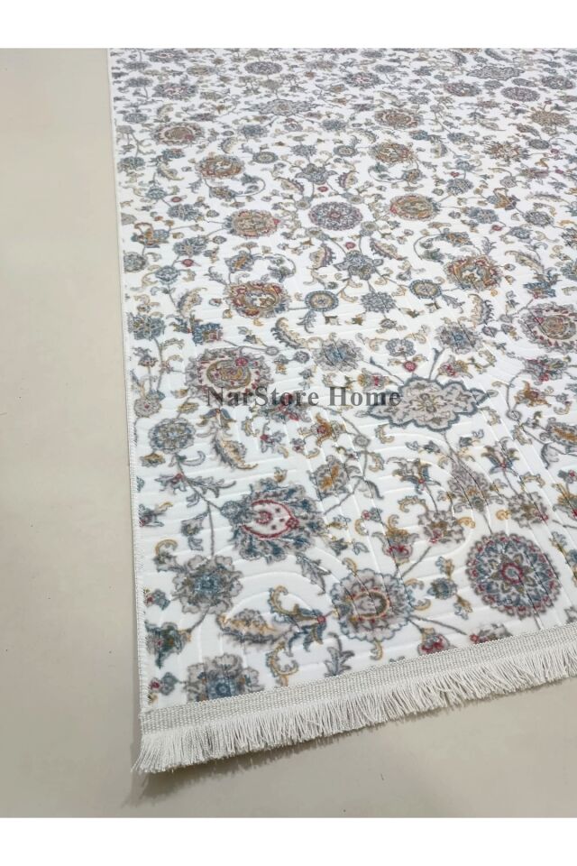 Otantik Çiçekli Desen Saçaklı Mavi Krem Kaymaz Taban Yıkanabilir Kesme Yolluk Halı Mavi - 80 X 150