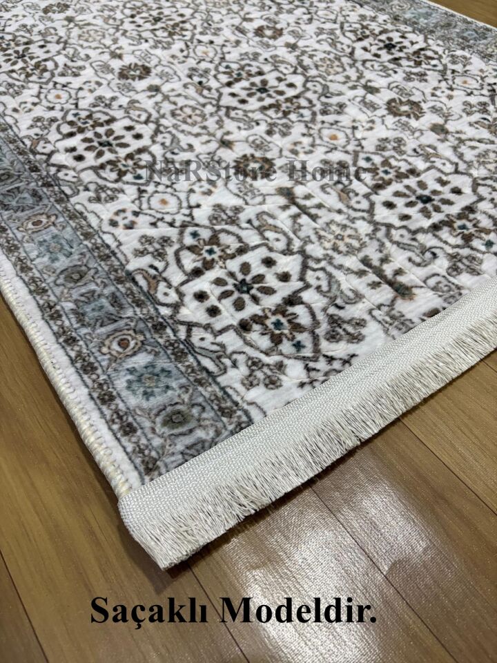 Merinos Çiçekli Otantik  Krem Kahve Yeşil Kalın Kaymaz Taban Kesme Yolluk Halı 150 x 250 - Yeşil-Krem