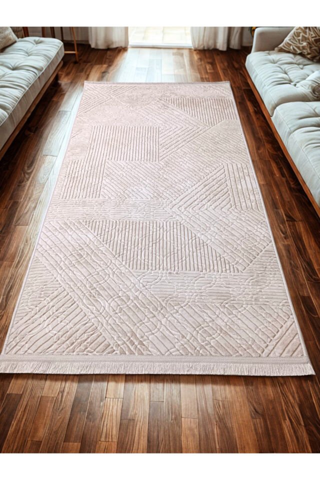 Krem Bej Renk Saçaklı Kaymaz Tabanlı Kesme Kabartmalı Salon Koridor Mutfak Halısı