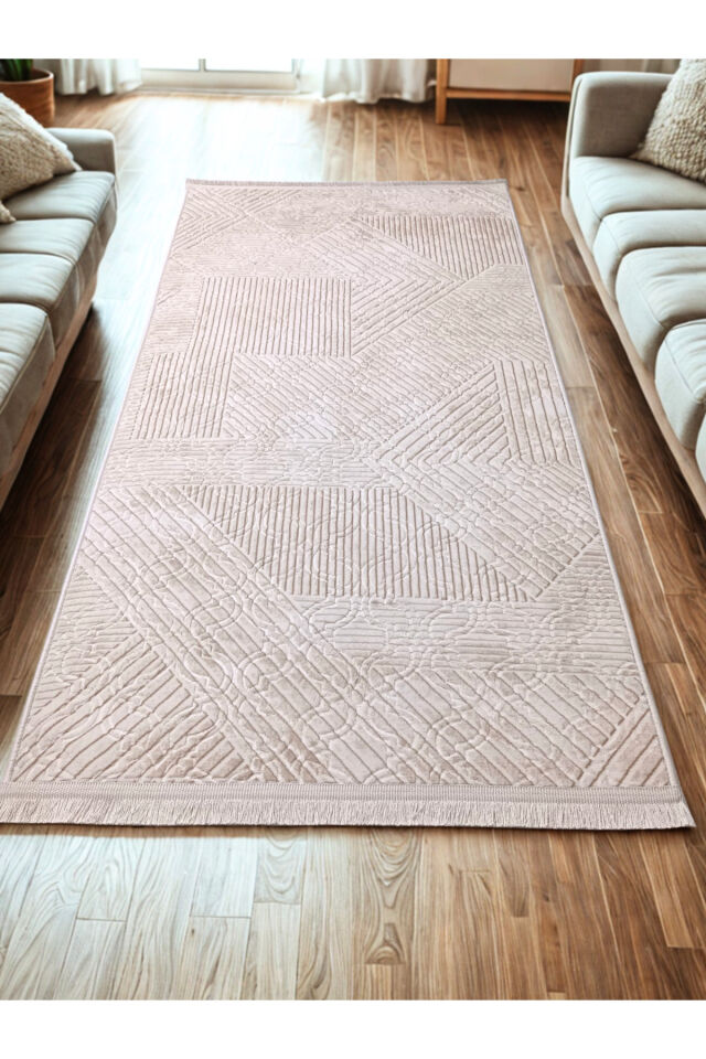 Krem Bej Renk Saçaklı Kaymaz Tabanlı Kesme Kabartmalı Salon Koridor Mutfak Halısı 200 x 500 - BEJ