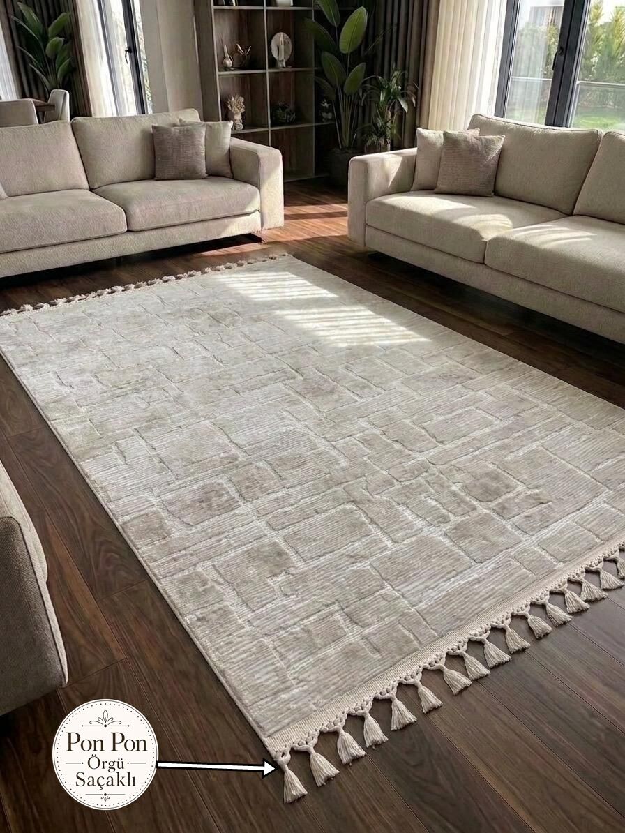 Aksu Stan Kaymaz Tabanlı Kesme Örgü Saçaklı Salon Koridor Yıkanabilir Halı Bej 80 x 600 - BEJ