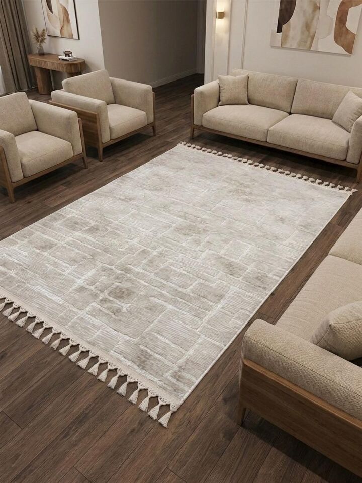 Aksu Stan Kaymaz Tabanlı Kesme Örgü Saçaklı Salon Koridor Yıkanabilir Halı Bej 80 x 700 - BEJ