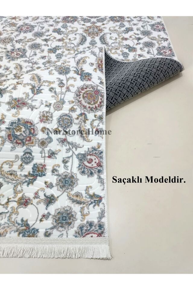 Otantik Çiçekli Desen Saçaklı Mavi Krem Kaymaz Taban Yıkanabilir Kesme Yolluk Halı Mavi - 80 X 850
