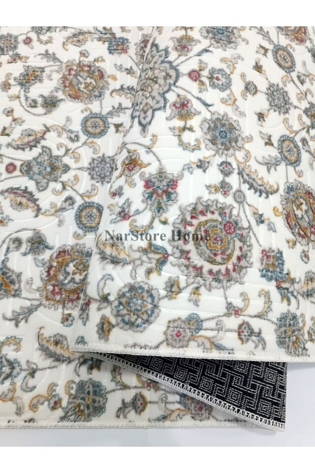 Otantik Çiçekli Desen Saçaklı Mavi Krem Kaymaz Taban Yıkanabilir Kesme Yolluk Halı Mavi - 80 X 850