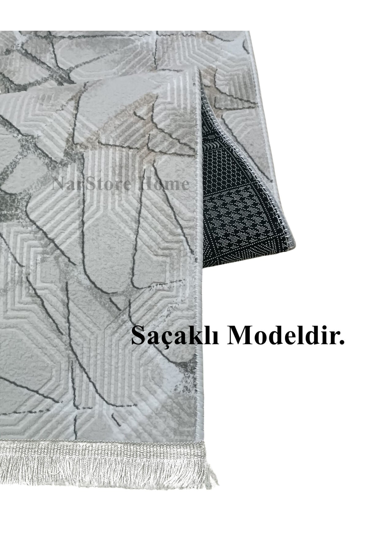 Dinar Saçaklı Mila Taş Gri Kaymaz Taban Yıkanabilir Kesme Yolluk Halı Modern Desen