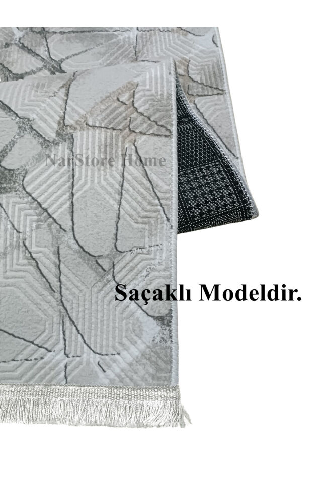 Dinar Saçaklı Mila Taş Gri Kaymaz Taban Yıkanabilir Kesme Yolluk Halı Modern Desen