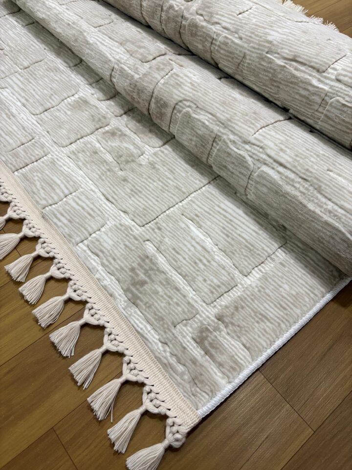 Aksu Stan Kaymaz Tabanlı Kesme Örgü Saçaklı Salon Koridor Yıkanabilir Halı Bej 100 x 650 - BEJ
