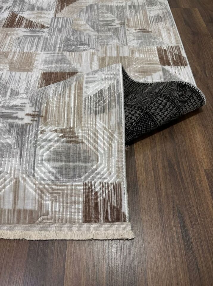 Dinar Saçaklı Gri Kahve Kaymaz Taban Yıkanabilir Kesme Yolluk Halı Modern Desen 200 x 250 - KAHVERENGİ