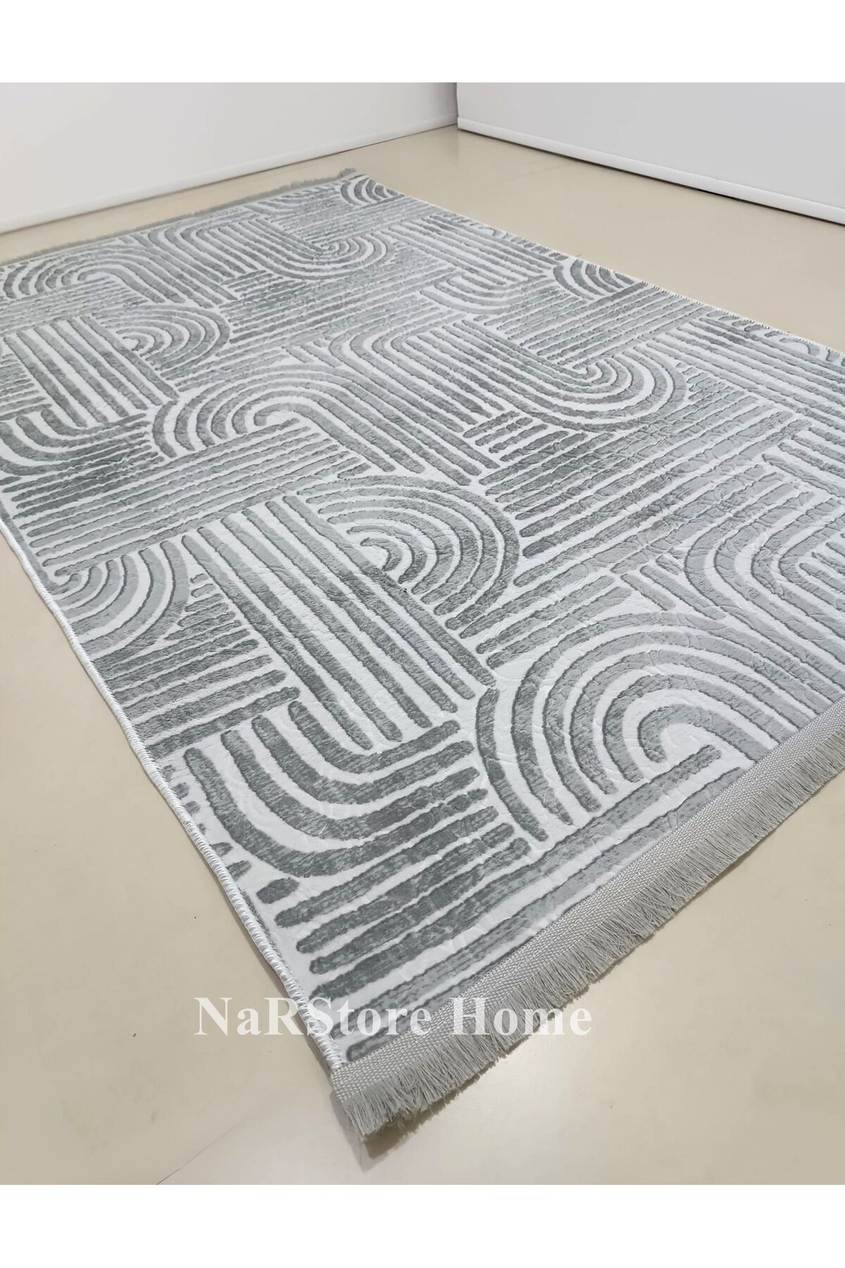 Dinar Saçaklı Mila Taş Gri Kaymaz Taban Yıkanabilir Kesme Yolluk Halı Modern Desen 100 x 150 - Gri2