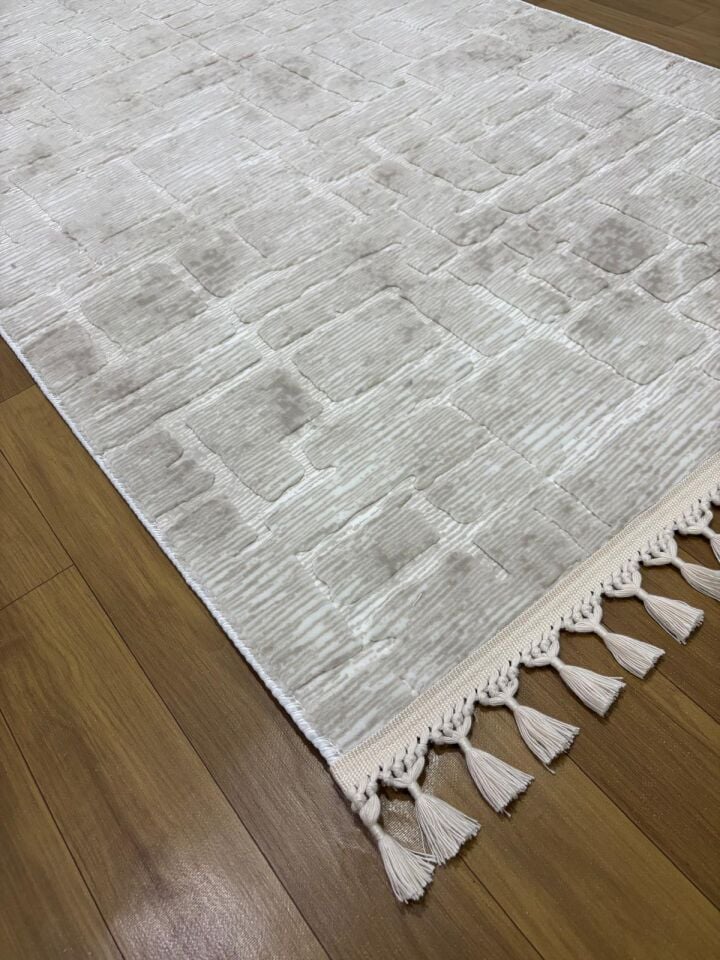 Aksu Stan Kaymaz Tabanlı Kesme Örgü Saçaklı Salon Koridor Yıkanabilir Halı Bej 100 x 900 - BEJ