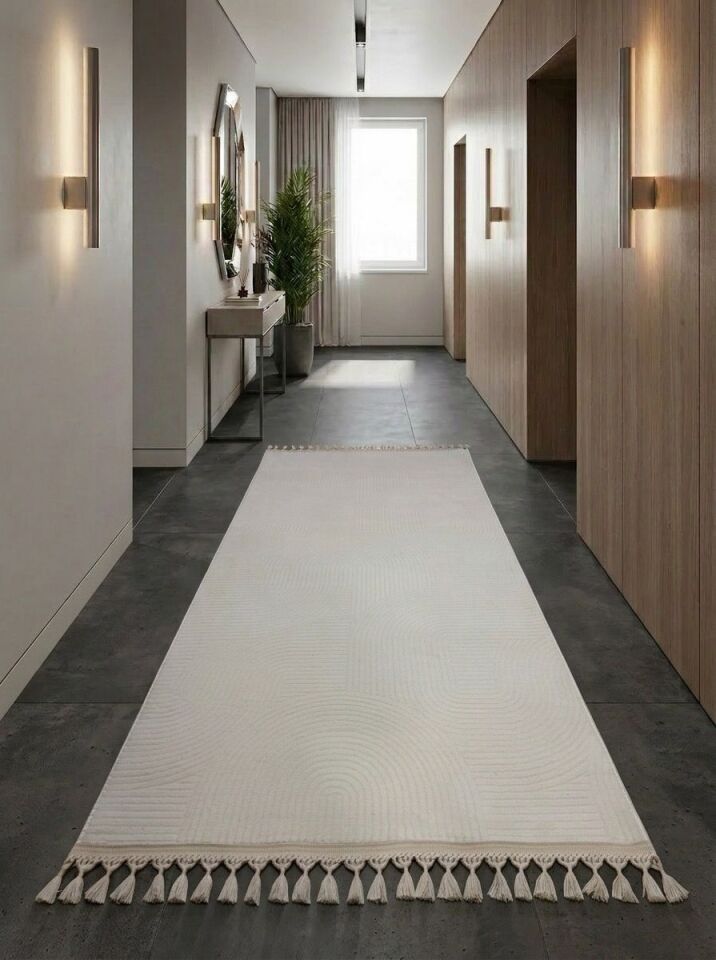 Krem Kaymaz Taban Pon Pon Saçaklı Yıkanabilir Salon Halısı Mutfak Halısı Yolluk 80 x 200 - Krem