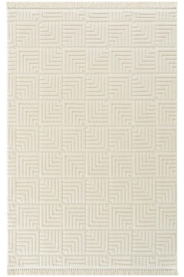 İskandinav Dokuma Bukleli Modern Geometrik Salon Halısı Mutfak Halısı Krem - 160 X 230
