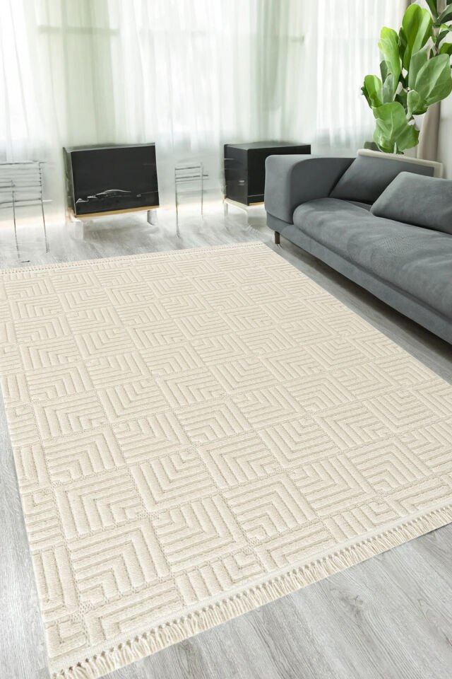 İskandinav Dokuma Bukleli Modern Geometrik Salon Halısı Mutfak Halısı Krem - 160 X 230