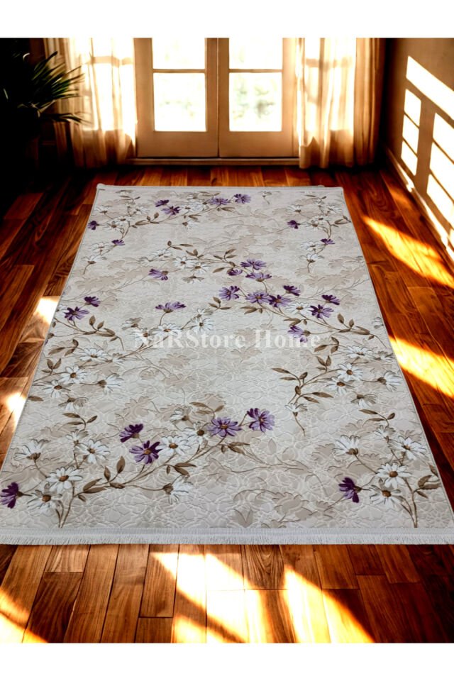 ELİT SAÇAKLI LİLA KAHVE ÇİÇEKLİ KABARTMALI KAYMAZ TABAN YIKANABİLİR KESME YOLLUK HALI Lila - 200 X 450