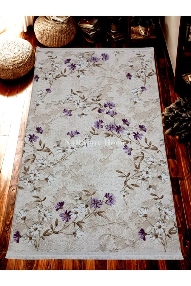 ELİT SAÇAKLI LİLA KAHVE ÇİÇEKLİ KABARTMALI KAYMAZ TABAN YIKANABİLİR KESME YOLLUK HALI Lila - 120 X 300