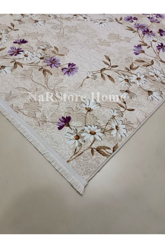 ELİT SAÇAKLI LİLA KAHVE ÇİÇEKLİ KABARTMALI KAYMAZ TABAN YIKANABİLİR KESME YOLLUK HALI Lila - 120 X 300