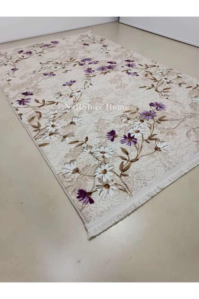 ELİT SAÇAKLI LİLA KAHVE ÇİÇEKLİ KABARTMALI KAYMAZ TABAN YIKANABİLİR KESME YOLLUK HALI Lila - 150 X 230