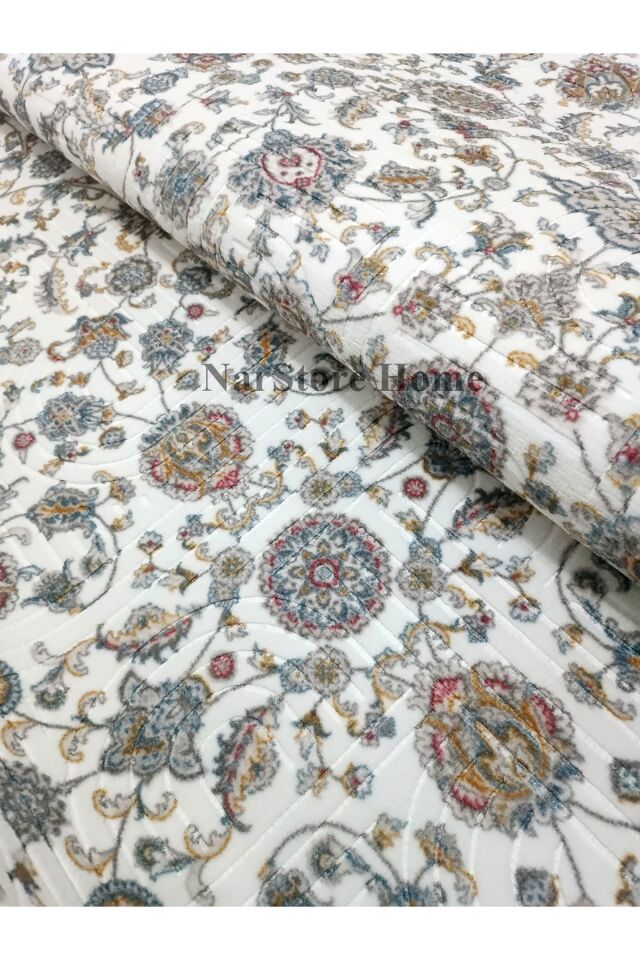 Otantik Çiçekli Desen Saçaklı Mavi Krem Kaymaz Taban Yıkanabilir Kesme Yolluk Halı Krem - 80 X 350