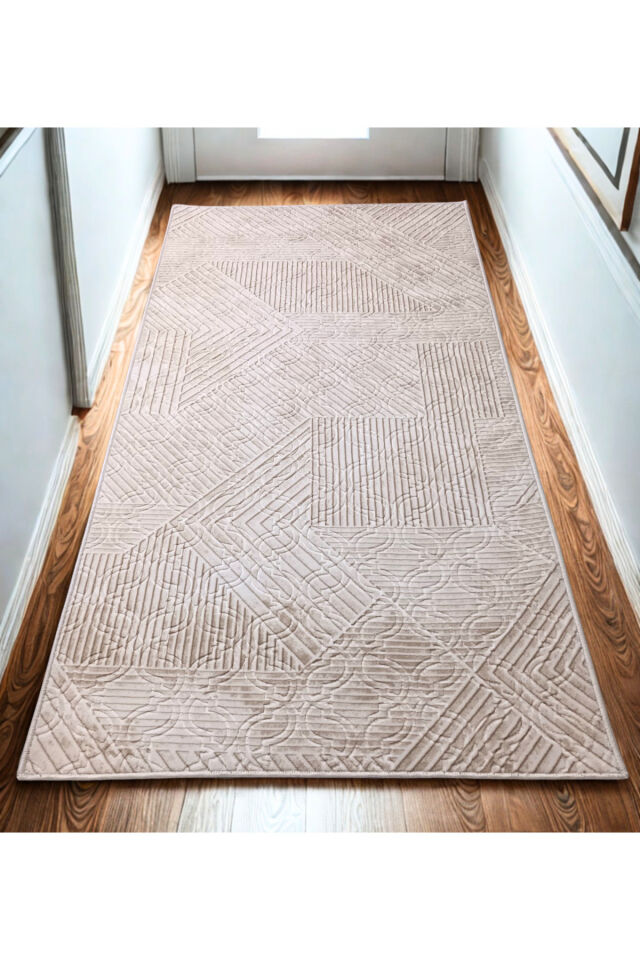 Krem Bej Renk Saçaklı Kaymaz Tabanlı Kesme Kabartmalı Salon Koridor Mutfak Halısı 40 x 60 - Krem