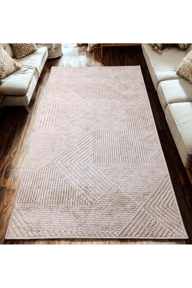 Krem Bej Renk Saçaklı Kaymaz Tabanlı Kesme Kabartmalı Salon Koridor Mutfak Halısı 40 x 60 - Krem