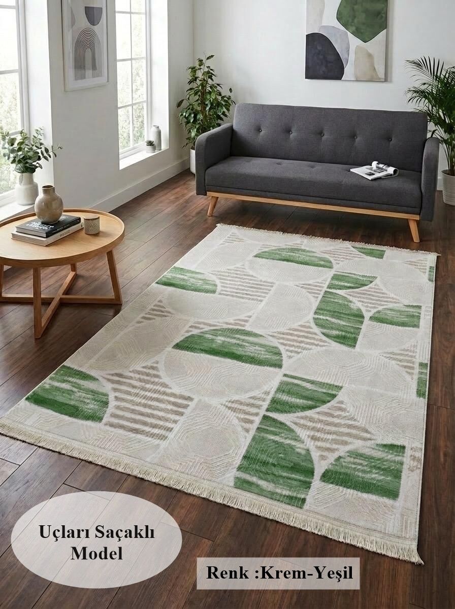 Krem Yeşil Saçaklı Modern Yıkanabilir Kabartmalı Kaymaz Taban Kesme Halı Yolluk 120 x 600 - YEŞİL