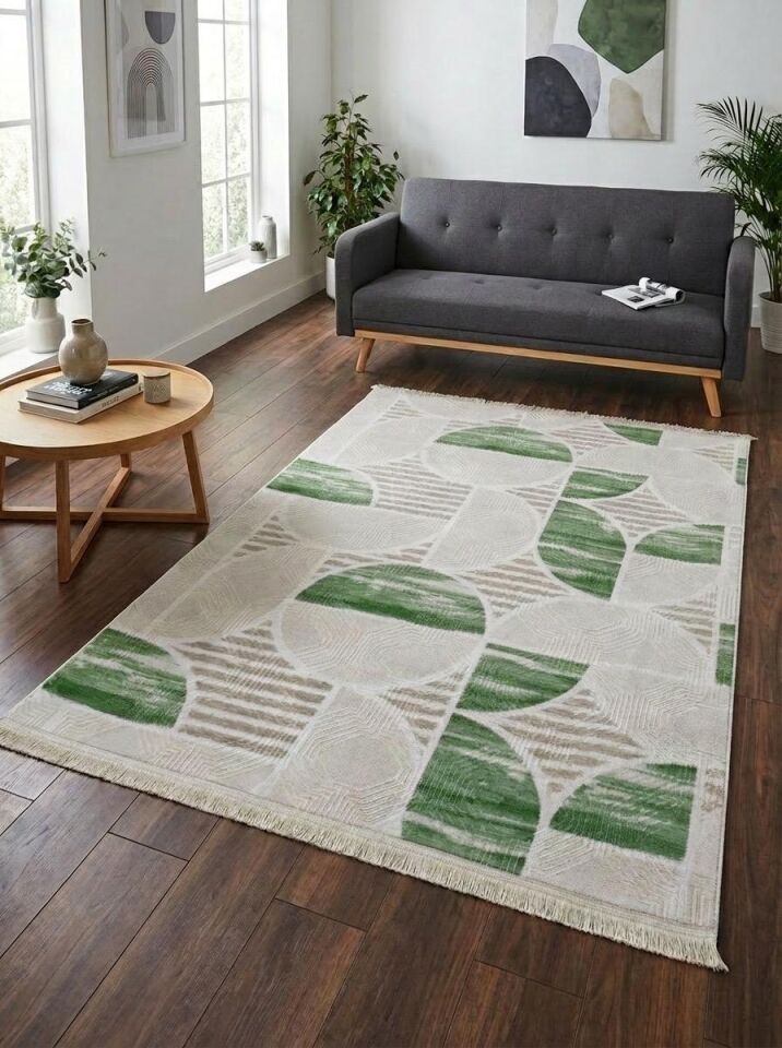 Krem Yeşil Saçaklı Modern Yıkanabilir Kabartmalı Kaymaz Taban Kesme Halı Yolluk 120 x 600 - YEŞİL