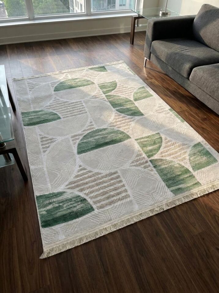 Krem Yeşil Saçaklı Modern Yıkanabilir Kabartmalı Kaymaz Taban Kesme Halı Yolluk 120 x 600 - YEŞİL