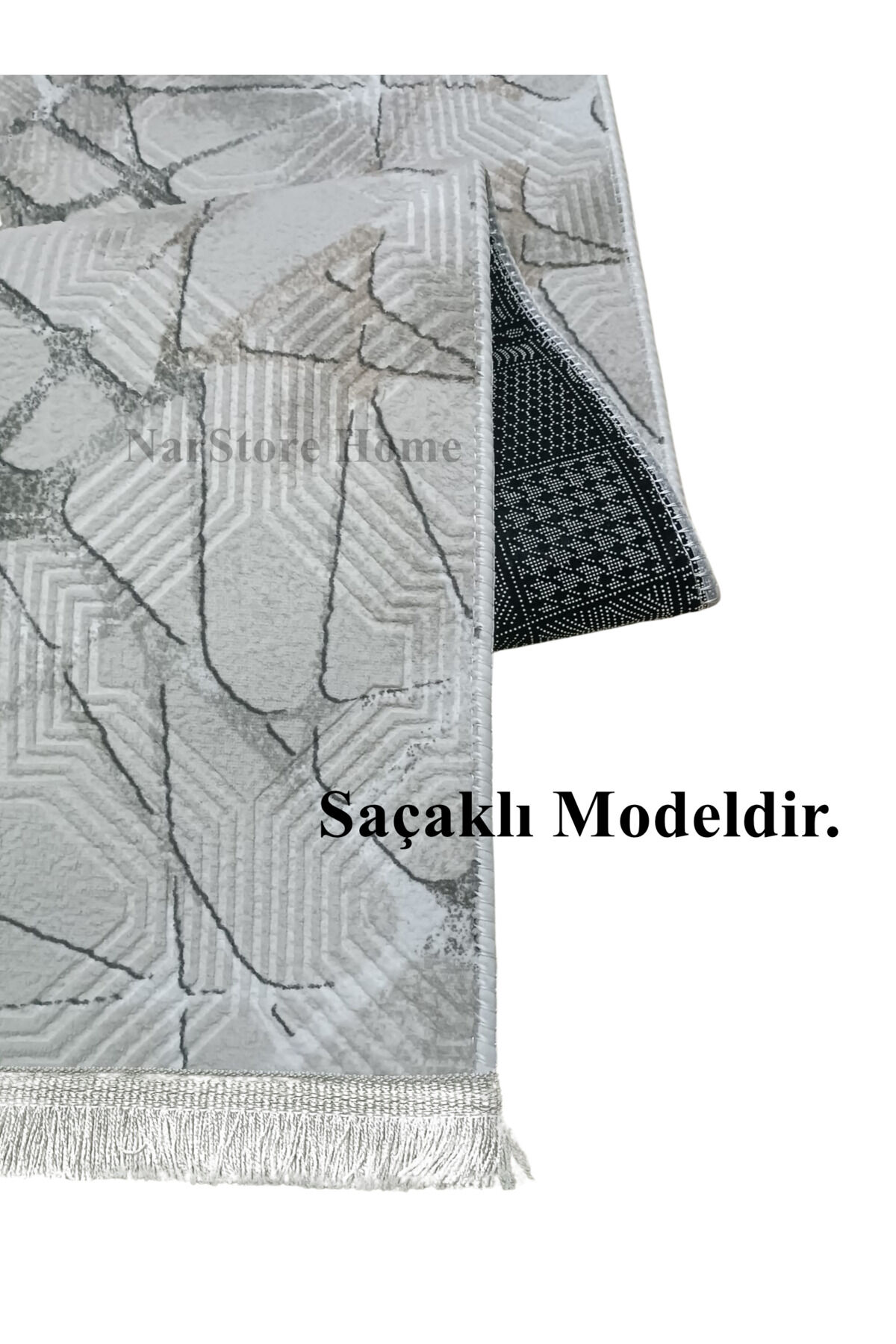 Dinar Saçaklı Mila Taş Gri Kaymaz Taban Yıkanabilir Kesme Yolluk Halı Modern Desen 120 x 250 - Gri2
