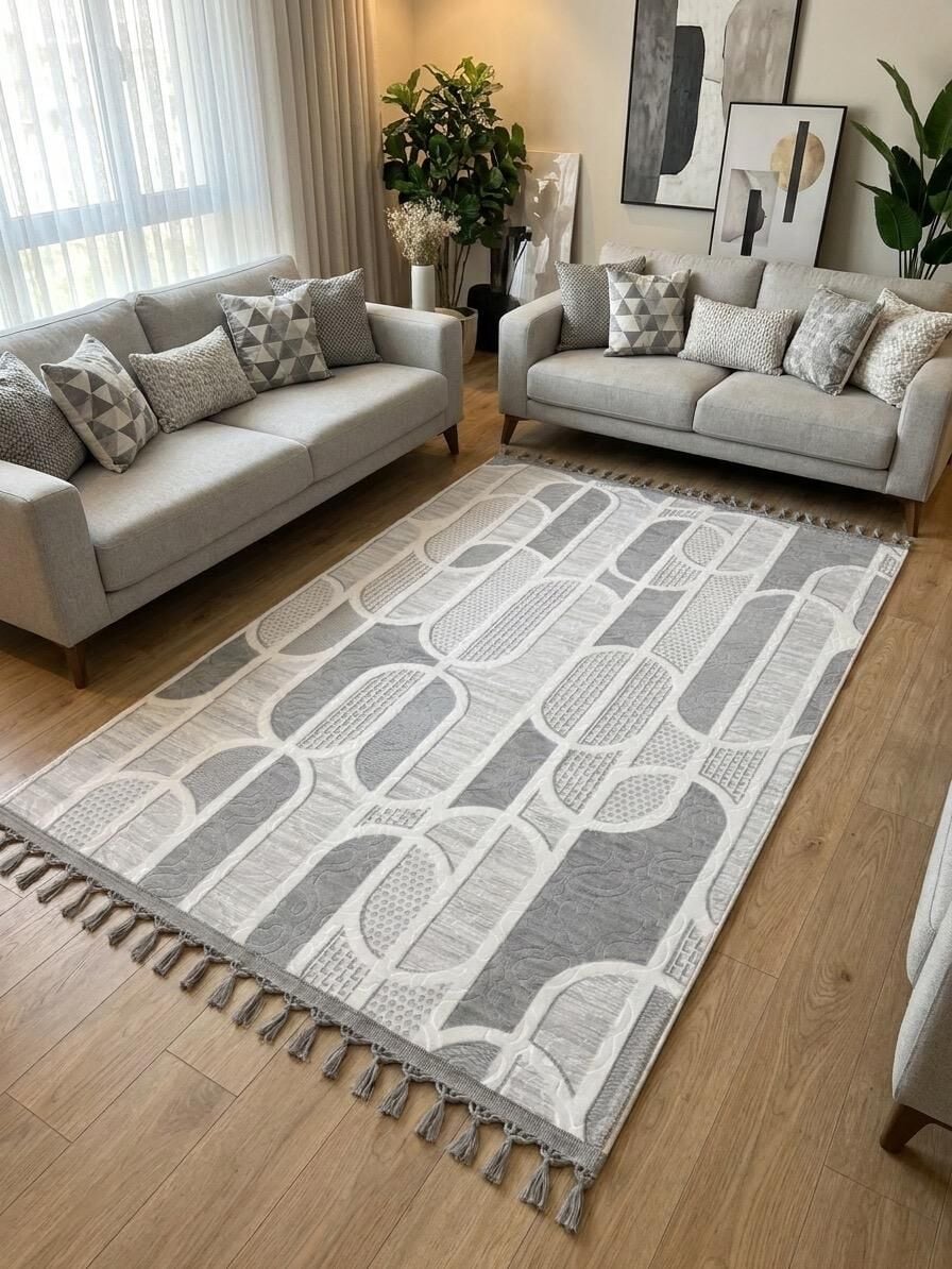 Kaymaz Taban Gri Pon Pon Örgü Saçaklı Modern Geometrik Desenli  Yıkanabilir Yolluk Halı