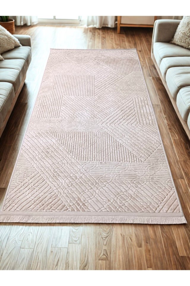 Krem Bej Renk Saçaklı Kaymaz Tabanlı Kesme Kabartmalı Salon Koridor Mutfak Halısı Bej - 200 X 300