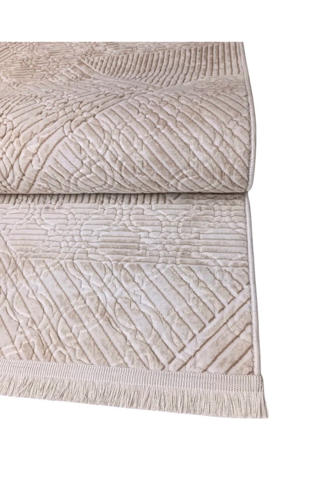 Krem Bej Renk Saçaklı Kaymaz Tabanlı Kesme Kabartmalı Salon Koridor Mutfak Halısı Bej - 200 X 300