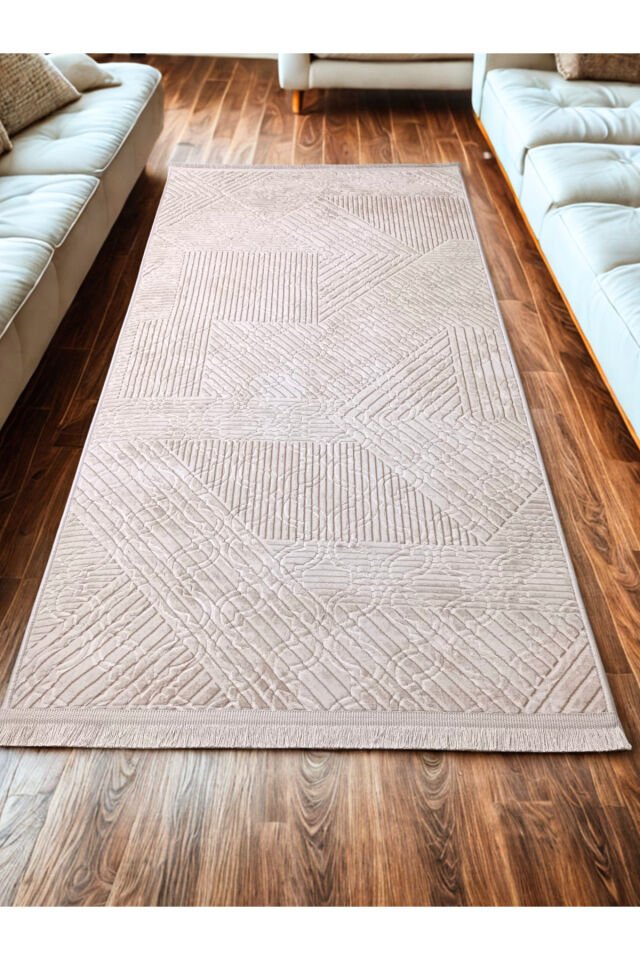 Krem Bej Renk Saçaklı Kaymaz Tabanlı Kesme Kabartmalı Salon Koridor Mutfak Halısı Bej - 100 X 900