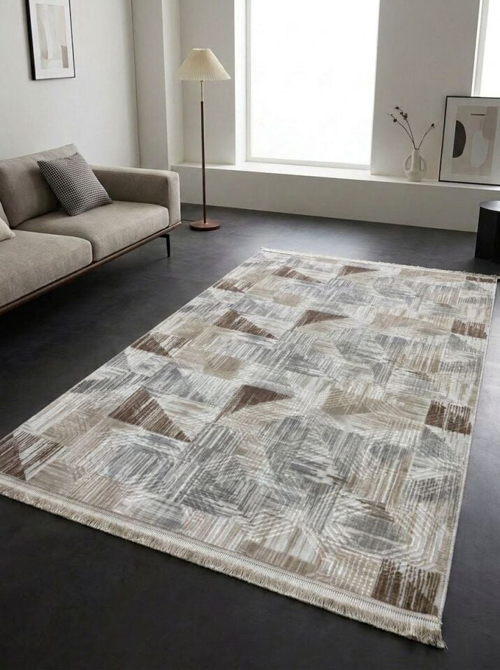 Dinar Saçaklı Gri Kahve Kaymaz Taban Yıkanabilir Kesme Yolluk Halı Modern Desen 150 x 450 - KAHVERENGİ