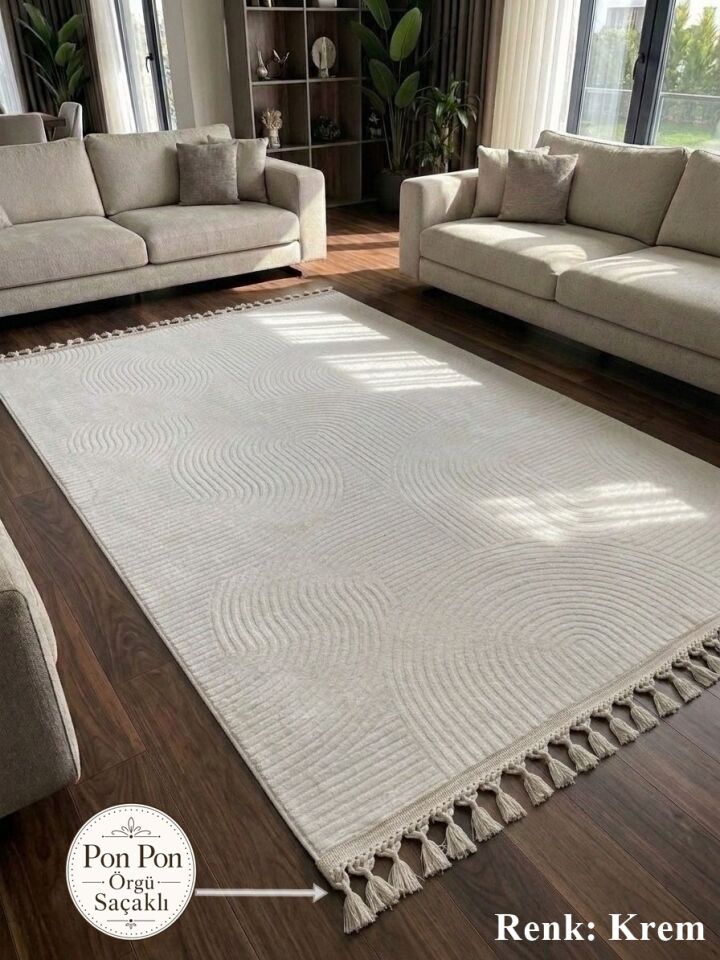 Krem Kaymaz Taban Pon Pon Saçaklı Yıkanabilir Salon Halısı Mutfak Halısı Yolluk 100 x 650 - Krem
