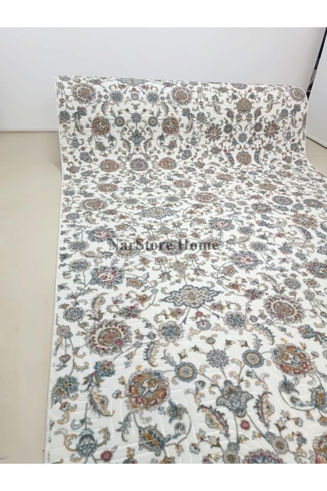 Otantik Çiçekli Desen Saçaklı Mavi Krem Kaymaz Taban Yıkanabilir Kesme Yolluk Halı Krem - 100 X 380