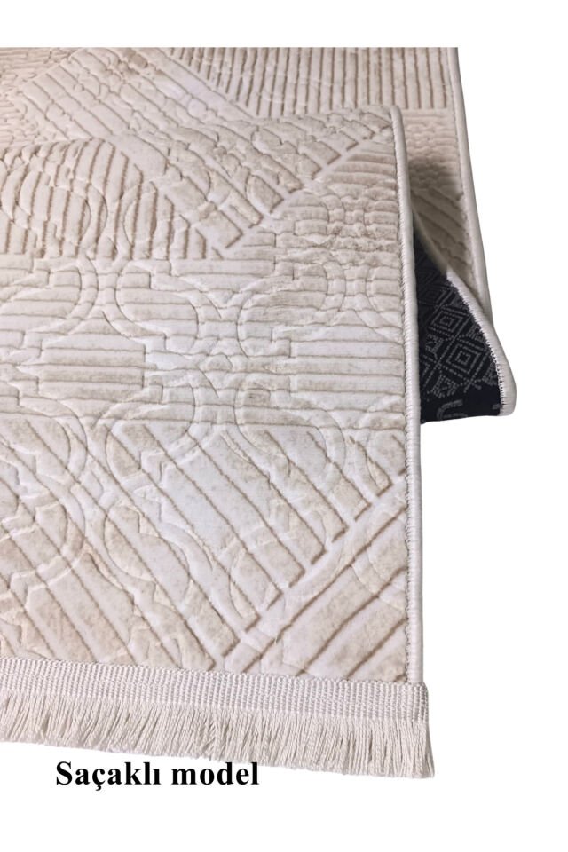 Krem Bej Renk Saçaklı Kaymaz Tabanlı Kesme Kabartmalı Salon Koridor Mutfak Halısı Bej - 80 X 450