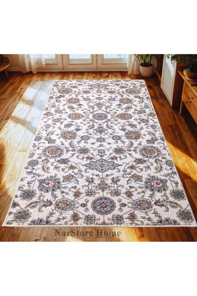 Otantik Çiçekli Desen Saçaklı Mavi Krem Kaymaz Taban Yıkanabilir Kesme Yolluk Halı Krem - 200 X 550