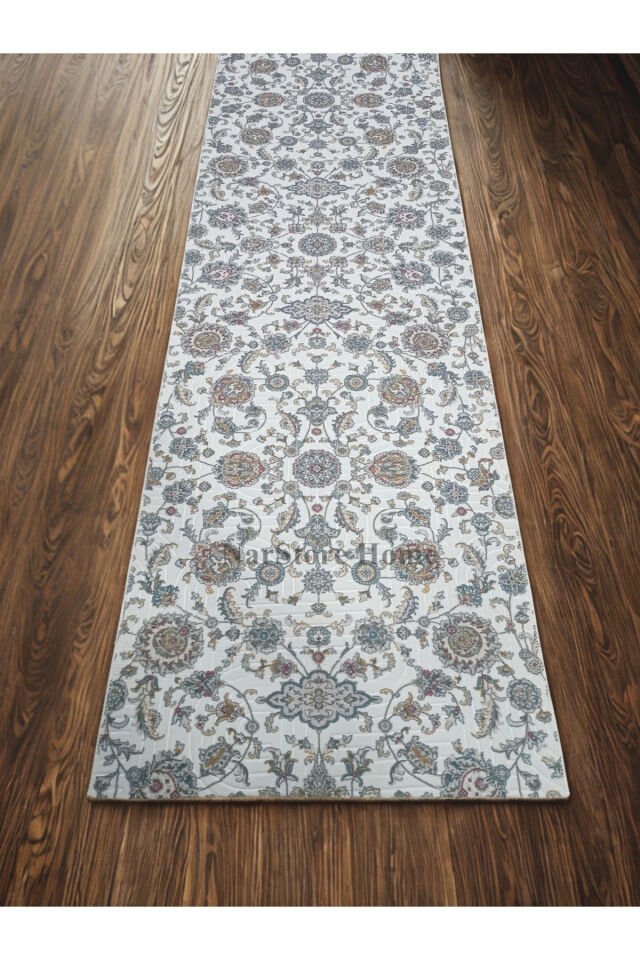Otantik Çiçekli Desen Saçaklı Mavi Krem Kaymaz Taban Yıkanabilir Kesme Yolluk Halı Krem - 200 X 550