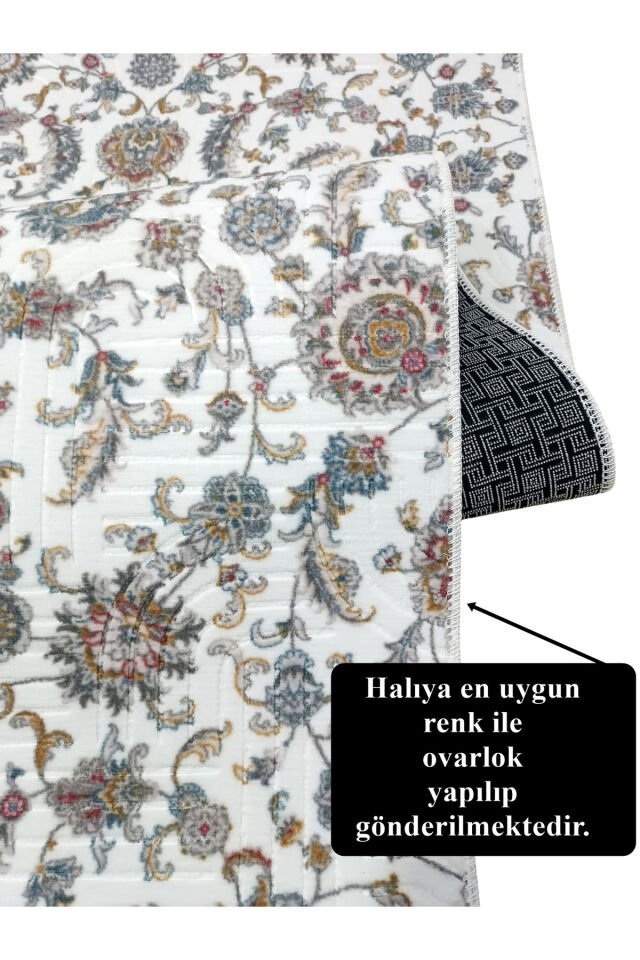 Otantik Çiçekli Desen Saçaklı Mavi Krem Kaymaz Taban Yıkanabilir Kesme Yolluk Halı Krem - 120 X 250