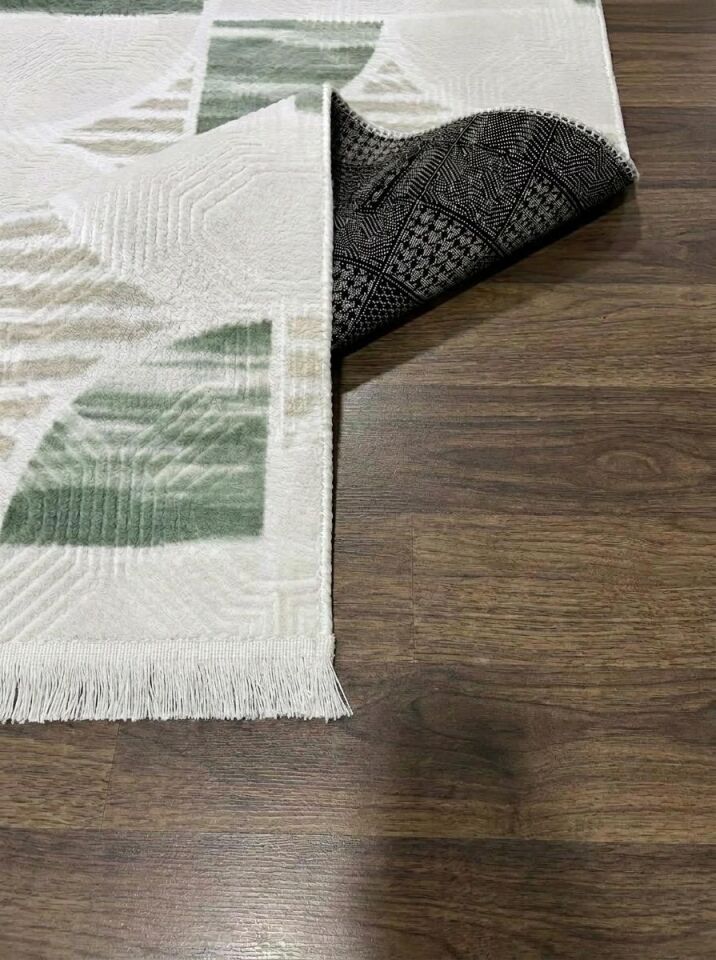 Krem Yeşil Saçaklı Modern Yıkanabilir Kabartmalı Kaymaz Taban Kesme Halı Yolluk 200 x 275 - YEŞİL