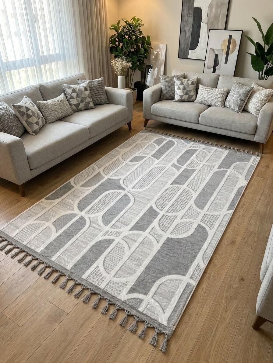 Kaymaz Taban Gri Pon Pon Örgü Saçaklı Modern Geometrik Desenli  Yıkanabilir Yolluk Halı 100 x 800 - GRİ