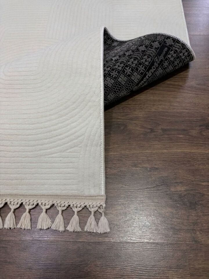Krem Kaymaz Taban Pon Pon Saçaklı Yıkanabilir Salon Halısı Mutfak Halısı Yolluk 120 x 250 - Krem