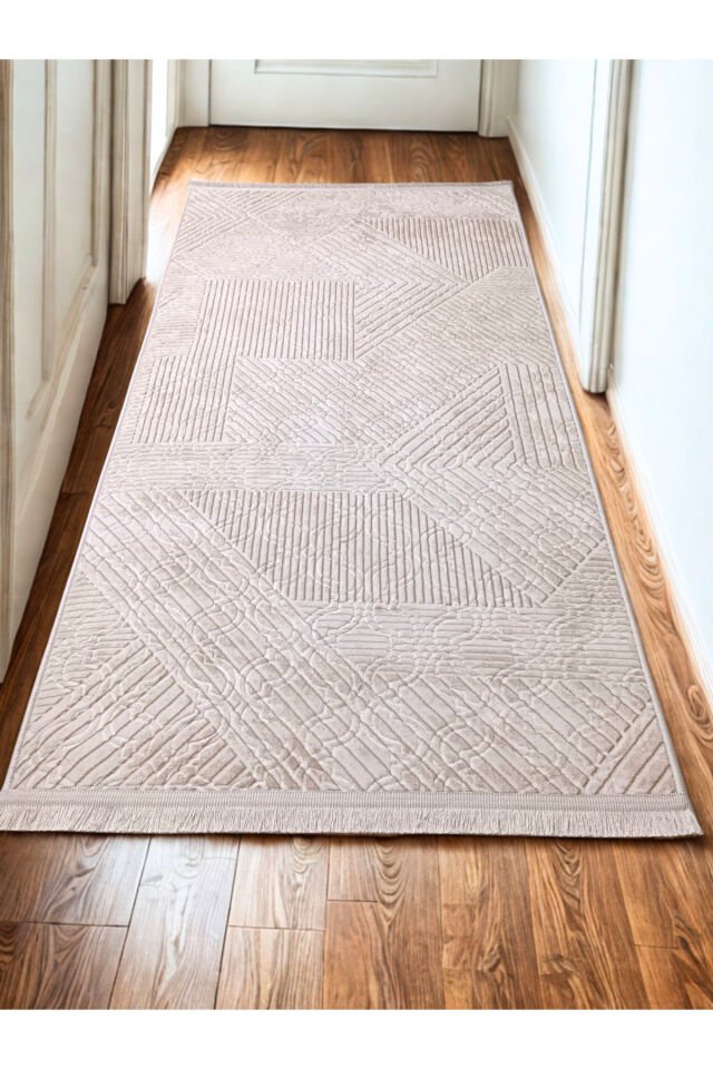 Krem Bej Renk Saçaklı Kaymaz Tabanlı Kesme Kabartmalı Salon Koridor Mutfak Halısı Bej - 80 X 500